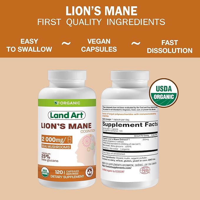 Land Art Certified Organic Lion's Mane - Cognition & Memory - 120 Days Supply - 2000mg - Cognition & Memory - Multiple Extraction - Mental Clarity - Focus