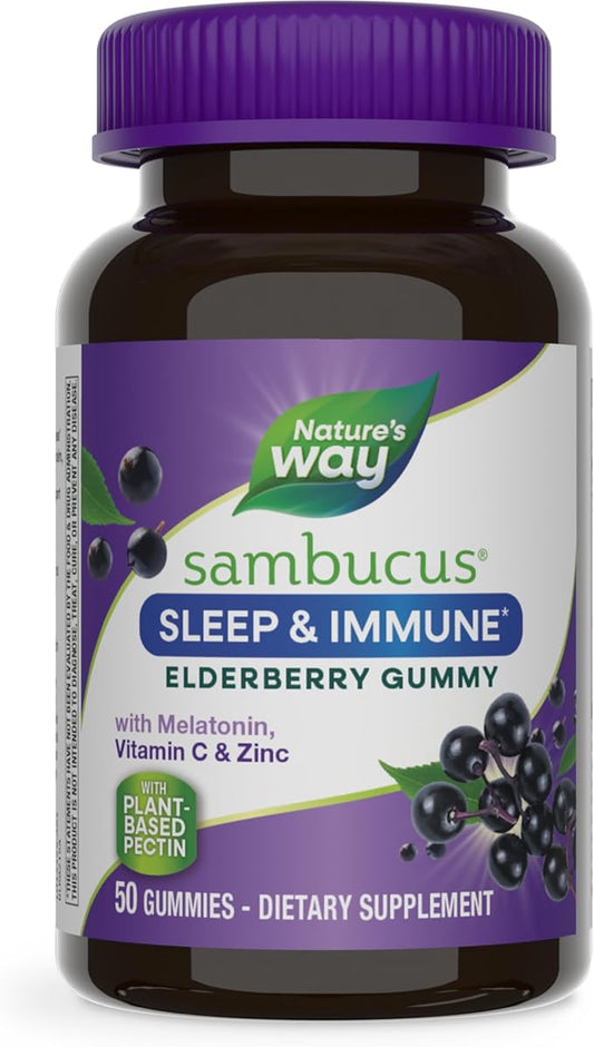 Nature’s Way Sambucus Sleep + Immune* Elderberry Gummies, Sleep and Immune Support*, With Melatonin, Vitamin C, L-Theanine, Zinc, 50 Gummies (Packaging May Vary)