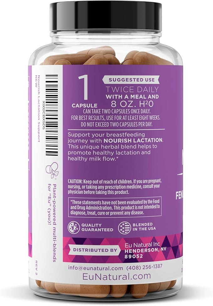 Eu Natural Nourish Lactation Supplement - Postpartum Support for Healthy Milk Flow & Production - Fenugreek Capsules for Women with Milk Thistle, Fennel Seed & Organic Moringa, 60 Vegan Soft Capsules