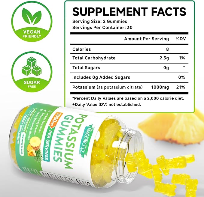 Potassium Citrate Gummies 1000mg, High Potency Potassium Supplement Gummies for Adults Women & Men, Support Leg Cramps & Muscle Health, Sugar-Free, Pineapple Flavor, 60 Count