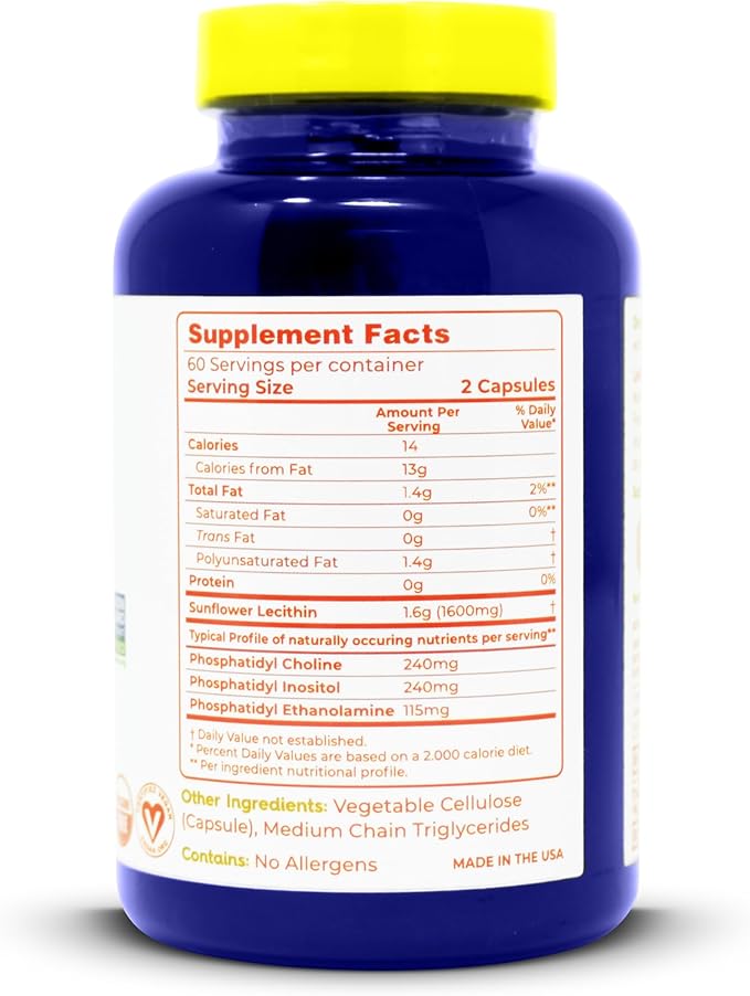 100% All-Natural Sunflower Lecithin Capsules - 120 Count - Rich in Phosphatidyl Choline - Cold Pressed (Solvent Free) - Non-GMO Project Verified - Certified Vegan