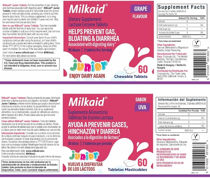 Milkaid Junior Lactase Enzyme Chewable Tablets for Lactose Intolerance | Prevents Gas, Bloating, Diarrhea in Children| Fast Acting Dairy Digestive Supplement for Kids| 60 ct (60 Tablets, Grape)