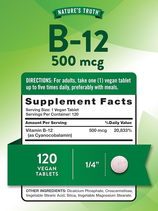 Nature's Truth B12 Vitamin | 500 mcg | 120 Tablets | Vegan, Non-GMO & Gluten Free Supplement