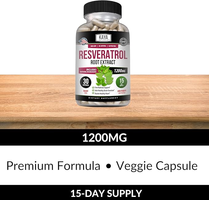 Kaya Naturals - Resveratrol Capsules - Anti Aging Supplement - Antioxidants with Brain Support - Maximum Benefits - 30 Veggies Capsules