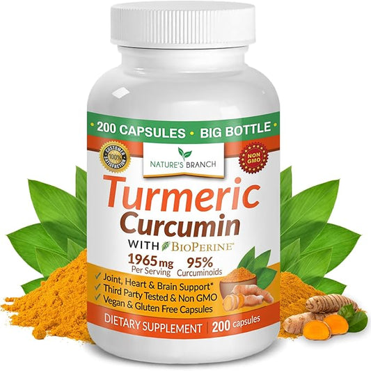 Turmeric Curcumin with Black Pepper Extract - Organic Powder 200 Capsules - 1965mg Extra Strength Joint Support Supplement, High Absorption, BioPerine Complex, High Potency, Vegan Pills, Made in USA