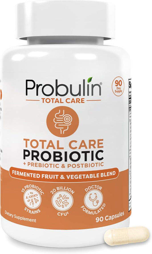 Probulin Total Care Probiotic Supplement, Daily Gut, Digestive, and Immune Health Probiotics Capsules for Men and Women, 20 Billion CFU, Vegan, 90 Count Bottle