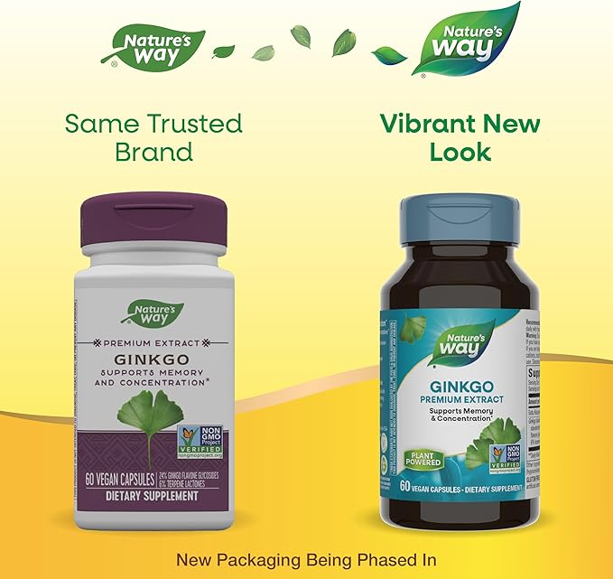 Nature's Way Ginkgo Premium Extract, Supports Memory & Concentration*, 120 mg Ginkgo Biloba Extract per 2-Capsule Serving, with Gotu Kola, Vegan, No Gluten, 60 Capsules (Packaging May Vary)