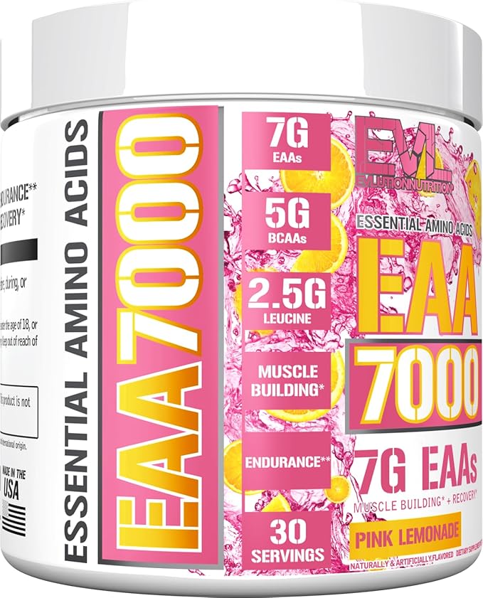 Evlution Nutrition EAA7000 - Pre & Post Workout Powder - Muscle Building + Recovery Supplement - 7g Essential Amino Acids + 5g BCAAs - Endurance + Energy Support - 30 Servings - Pink Lemonade