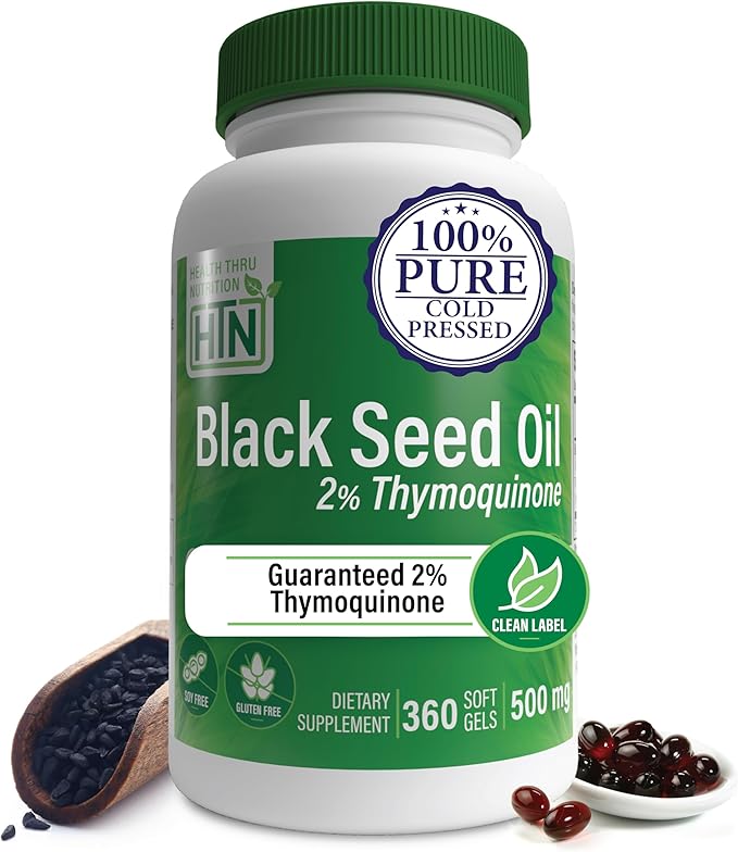 Health Thru Nutrition Black Seed Oil 500mg 360 Softgels | High Potency 2% Thymoquinone | 3rd Party Tested | Pure Cold Pressed | Organically Gown | Non-GMO, Gluten Free, Soy Free