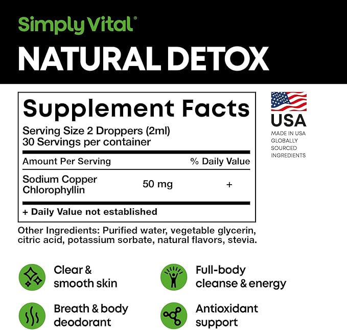SimplyVital Chlorophyll Liquid Drops for Clear Skin & Energy Boost - Immune Support Supplement - Made in USA - Liquid Chlorophyll for Gut Health - Internal Deodorant - Antioxidant- 2 FL OZ