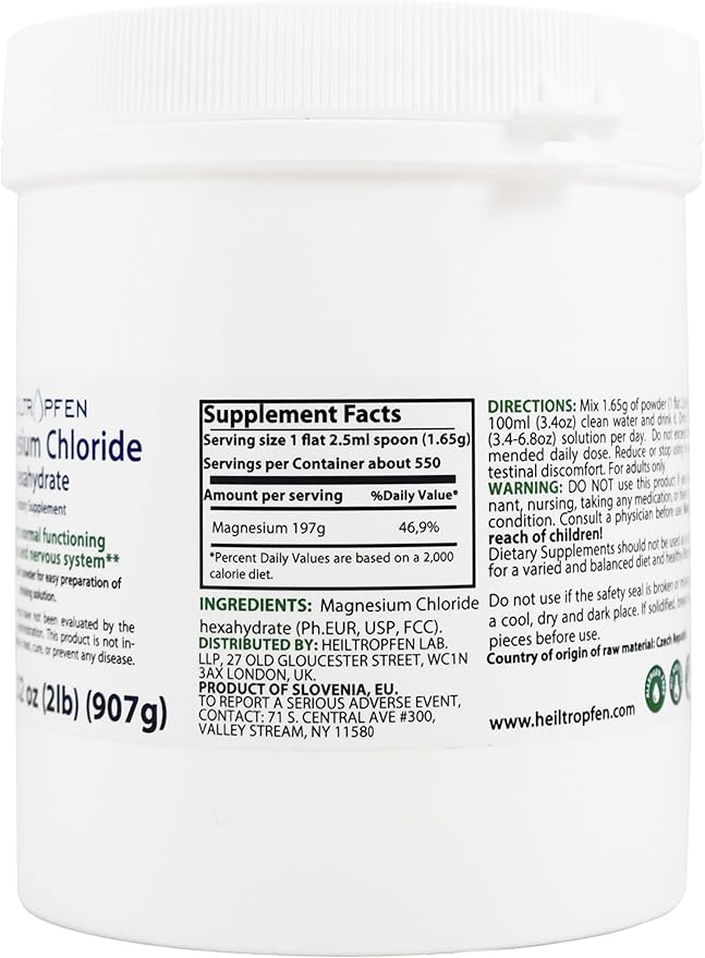 2 Pounds Magnesium Chloride Hexahydrate | Pharmaceutical Grade Ingredients | Crystal Powder | Pure Ph. EUR., BP, USP, 100% | Heiltropfen®