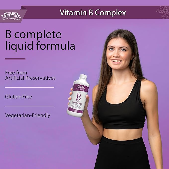 Buried Treasure B Complete High Potency All B Vitamins Liquid Supplement for Stress, Energy and Healthy Immune Support Vegan Non-GMO, 16 oz w/ Dose Cup