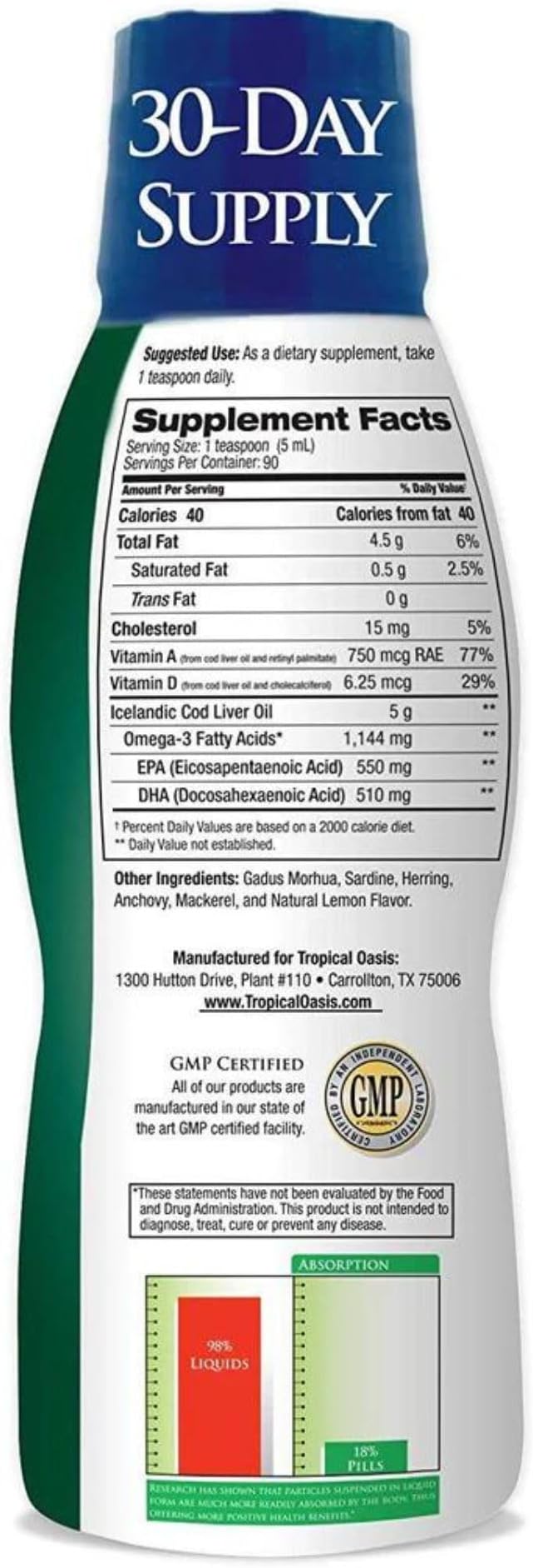 Tropical Oasis - Icelandic Cod Liver Oil | Maximum Strength 1144mg of Liquid Wild-Caught Natural Omega-3 Fish Oil (Lemon Flavor, 90 Servings)