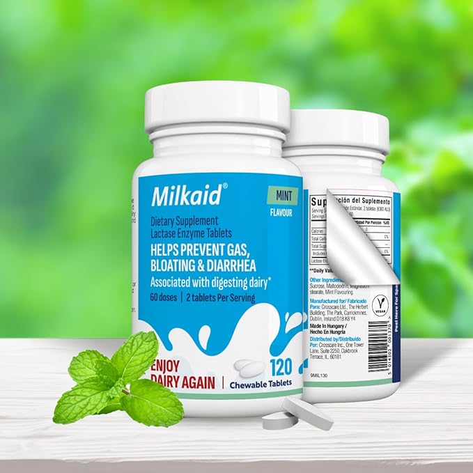 Milkaid Lactase Enzyme Chewable Tablets for Lactose Intolerance Relief | Prevents Gas, Bloating & Diarrhea | Fast Acting Dairy Digestive Supplement (120 Tablets, Mint)