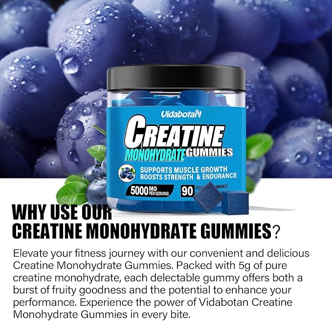 Sugar Free Creatine Monohydrate Gummies for Men & Women-5g of Creatine Monohydrate per Serving for Muscle Mass,Vegan,Blueberry Flavor, 90 Count