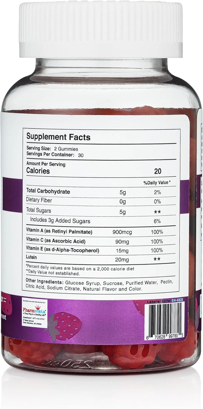 Eye Health Support Gummy - Vitamin A + C + E + Lutein - Gluten Free, Vegan Friendly Supplement - 60 Count