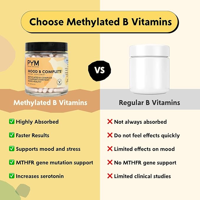 Vitamin B Complex Mood Support Supplement by PYM (30 Count) | Methylated B Complex for Everyday Mood & Energy Support | Non-GMO, Vegan, Gluten-Free
