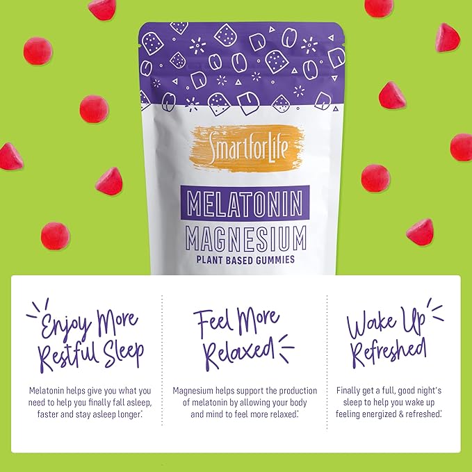 SMART FOR LIFE Melatonin Gummies 5mg W/Magnesium - 60 Count - Plant Based Vegan Melatonin Gummies - Strawberry Flavor Sleep Gummies - Heart & Bone Health Dietary Supplement - Adult Melatonin Gummies