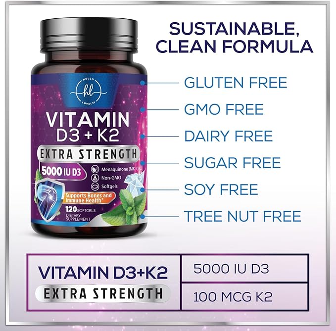 Vitamin D3 5000 IU with K2 100 mcg - D3 K2 Supplement, 2 in 1 Vitamins D & K2 Complex Softgels for Calcium Absorption, Bone, Teeth, Heart & Immune Support, Easy to Swallow, Non GMO - 120 Softgels