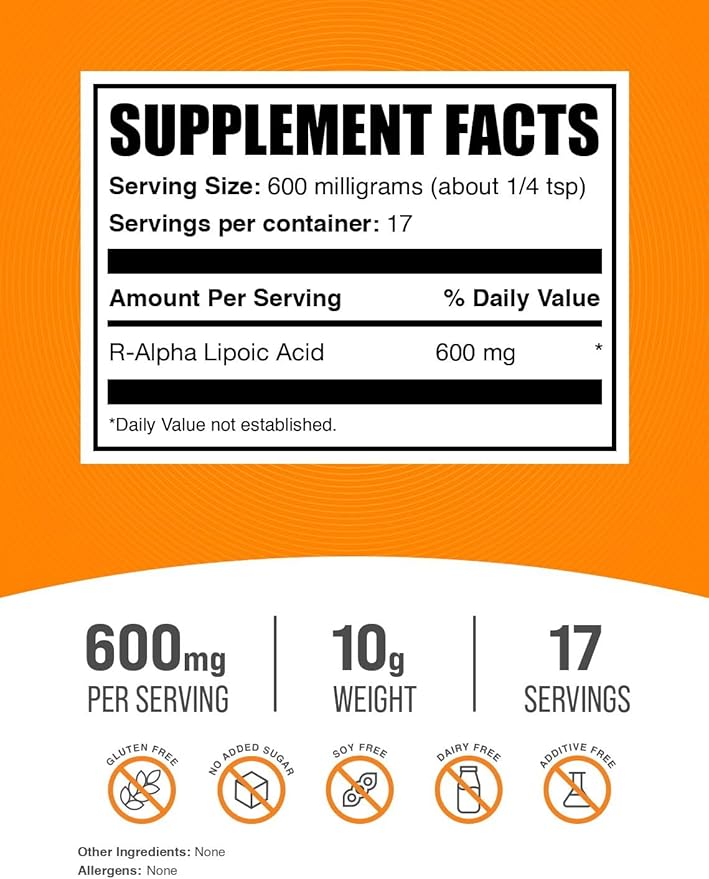 BulkSupplements.com R-Alpha Lipoic Acid Powder - R-ALA Supplement, R Alpha Lipoic Acid 600mg - Antioxidants Supplement, Gluten Free, 600mg per Serving, 10g (0.35 oz) (Pack of 1)