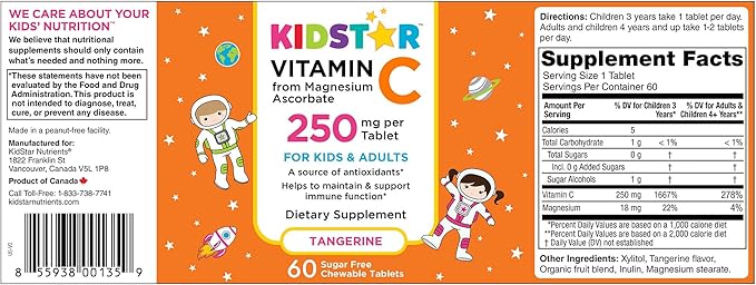 KidStar Nutrients Vitamin C Chewable Tablet, Sugar-Free, Tangerine Flavor, 250mg Magnesium Ascorbate, 60 CT