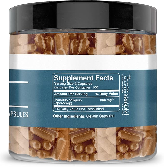 Earthborn Elements Chaga Mushroom Extract 200 Capsules, Pure & Undiluted, No Additives