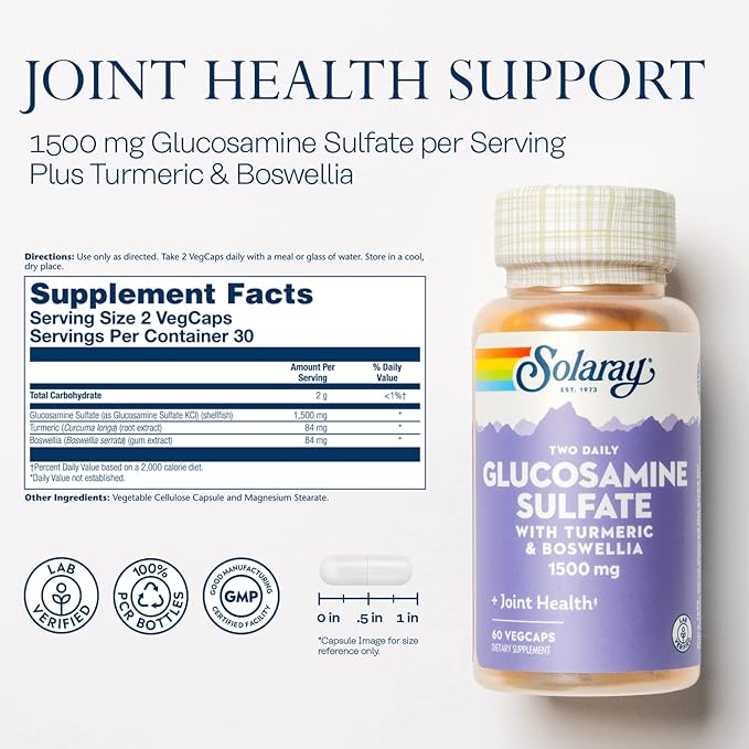 SOLARAY Glucosamine Sulfate 1500mg, Healthy Joint Support Supplement, Powerful Connective Tissue and Joint Health Formula with Turmeric & Boswellia, 60-Day Money Back Guarantee, 30 Serv, 60 VegCaps