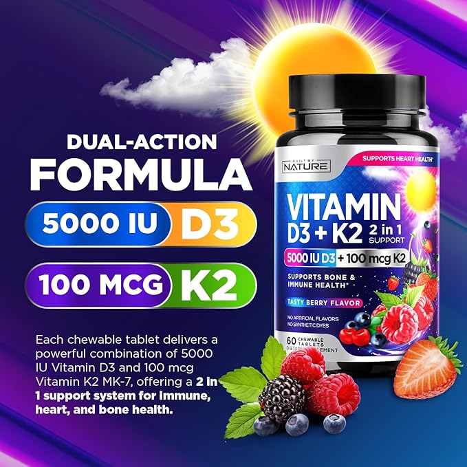 Vitamin D3 K2 – Chewable Vitamin D 5000 IU & K2 MK-7 100 mcg – 2 in 1 Vitamin D K2 Supplement Chews - Immune, Heart, & Bone Support – Non GMO - Tasty Berry Flavor - 60 Chewable Tablets