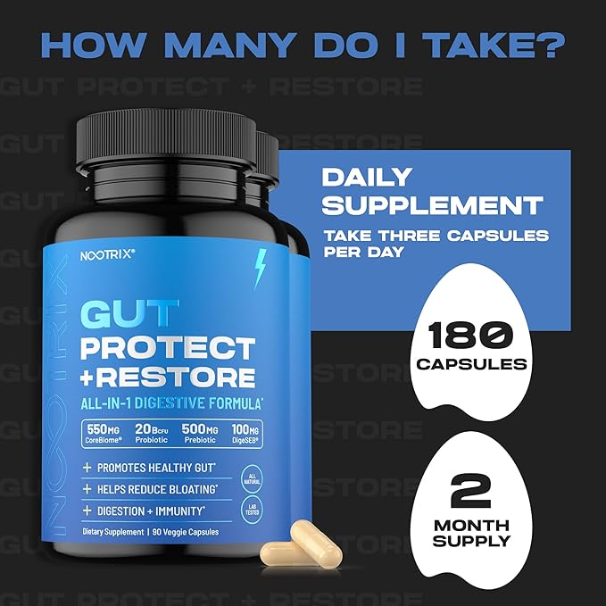 Gut Protect and Restore Supplement | Probiotics for Gut Health, Colon Cleanse & Bloating Relief | Promotes Healthy Digestion | Digestive Enzymes, Postbiotics & Prebiotics | 180 Capsules