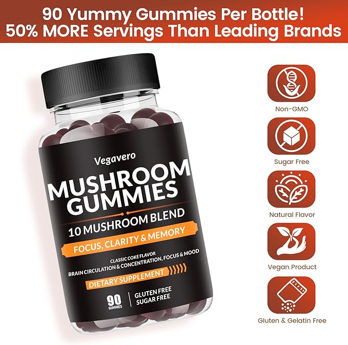 Mushroom Gummies - 10x Mushroom Blend - Mushroom Complex - Mushroom Supplement (90 Chews) Classic Coke