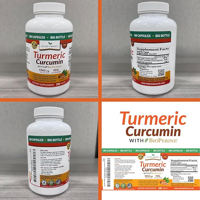 Turmeric Curcumin with Black Pepper Extract - Organic Powder 200 Capsules - 1965mg Extra Strength Joint Support Supplement, High Absorption, BioPerine Complex, High Potency, Vegan Pills, Made in USA