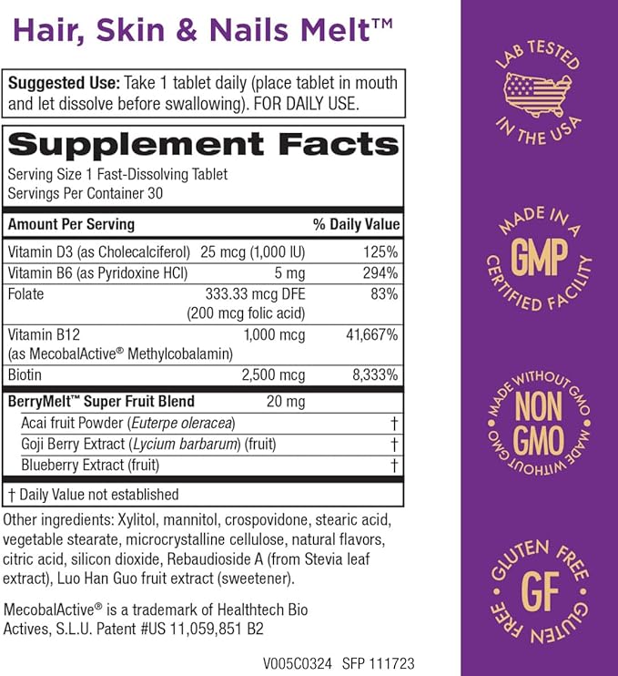 Purity Products Hair, Skin + Nails Melt 1000mcg B-12 + 2500mcg Biotin Energy Berry Melt - Delicious Berry Lemonade Flavor w/Super Fruits - B12 Methylcobalamin - 30 Melting Tablets