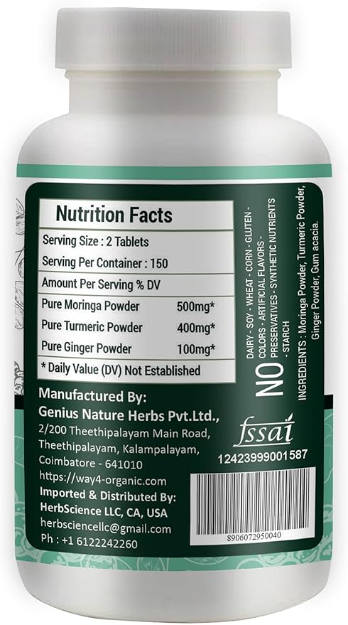 Moringa Tablets with Turmeric and Ginger, 300 Pills, 5 Month Supply, 150 Serving, 1000 Mg per Serving. One Capsule with Multiple Benefits - Supports Digestive Health(Pack of 2)
