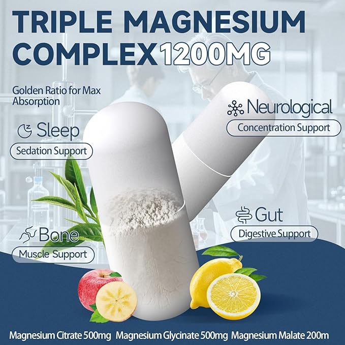 Triple Magnesium Complex 1200mg for Sleep - Magnesium Glycinate 500mg, Citrate & Malate with 200mg L-Theanine for Sleep, Calm & Stress Relief, 120 Capsules, 2-Month Supply