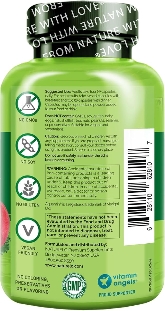 NATURELO Whole Food Multivitamin for Women - with Vitamins, Minerals, & Organic Extracts - Supplement for Energy and Heart Health - Non GMO - 120 Vegan Capsules