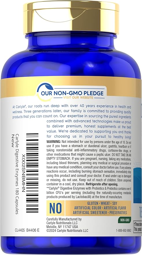 Carlyle Digestive Enzymes | with Probiotics & Prebiotics | 180 Capsules | Non-GMO and Gluten Free Supplement for Men & Women