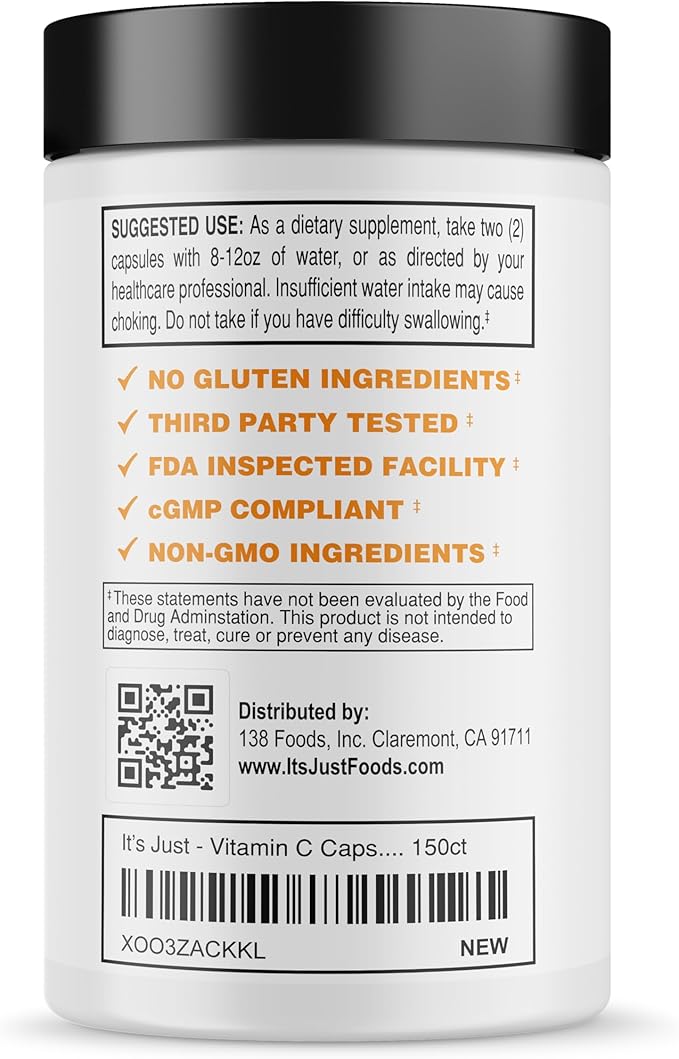 It's Just! - Vitamin C, Ascorbic Acid, 1000mg Daily Supplement Vegan Capsules, Immune Support, Healthy Living, (150ct Veggie Capsules)