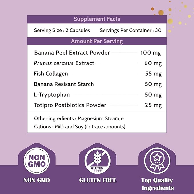 Natural Sleep & Mood Support for Adults | Melatonin-Free Calming Aid with Postbiotics, Tart Cherry & Collagen | Gut & Skin Health Supplement | 60 Capsules