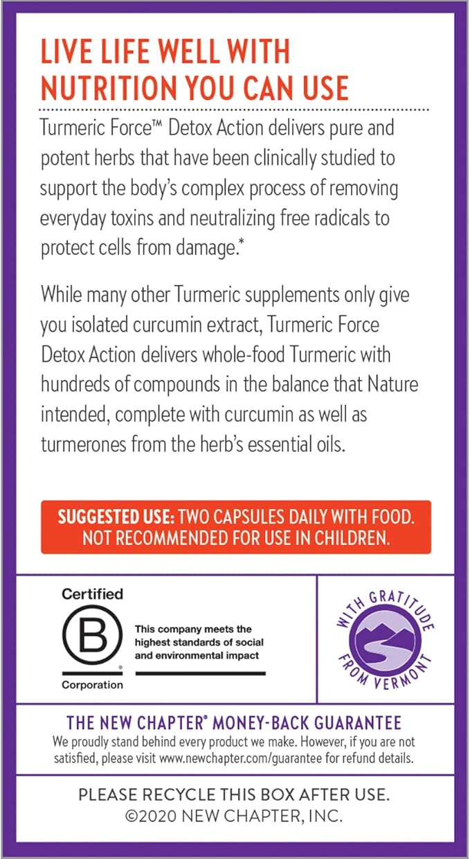 New Chapter Turmeric Supplement + Daily Detox Turmeric Force Detox Action with Green Tea + Ginger + NO Black Pepper Needed + NonGMO Ingredients Vegetarian Capsule, 60 Count