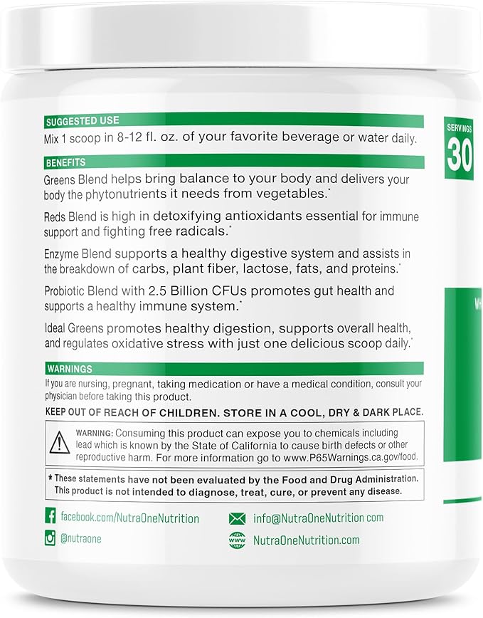 NutraOne Ideal Greens Antioxidant and Nutrient-Rich Superfood Greens Powder Supplement Berry- 30 Servings