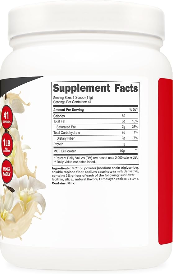 Ketologic MCT Oil Powder (1 LB) (French Vanilla) - 41 Servings, Medium Chain Triglycerides Powder Supplement