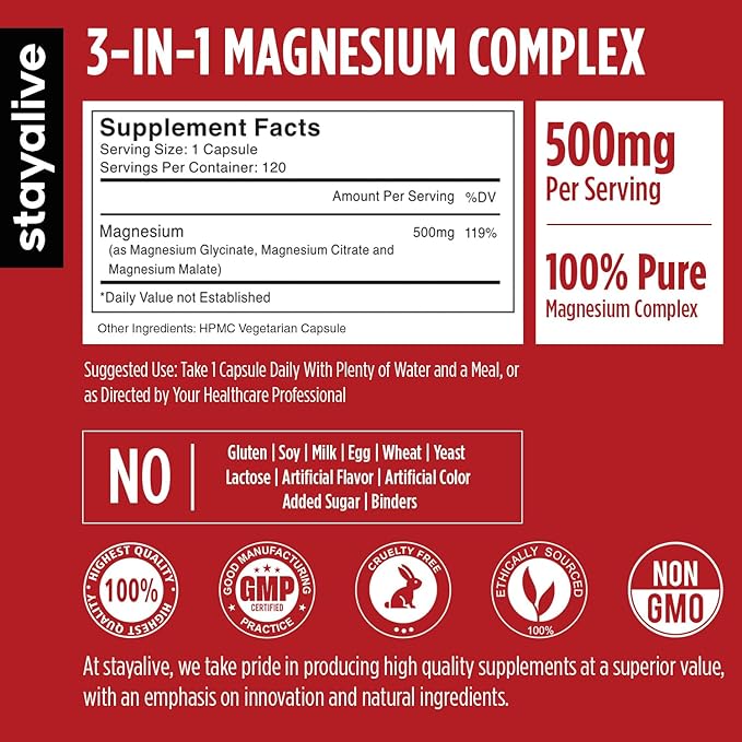 STAY ALIVE Triple Magnesium Complex Supplement 500mg, Chelated Glycinate, Citrate & Malate Powder, High Absorption Magnesium for Women and Men, 120 Pills, Non-GMO & Gluten-Free Capsules