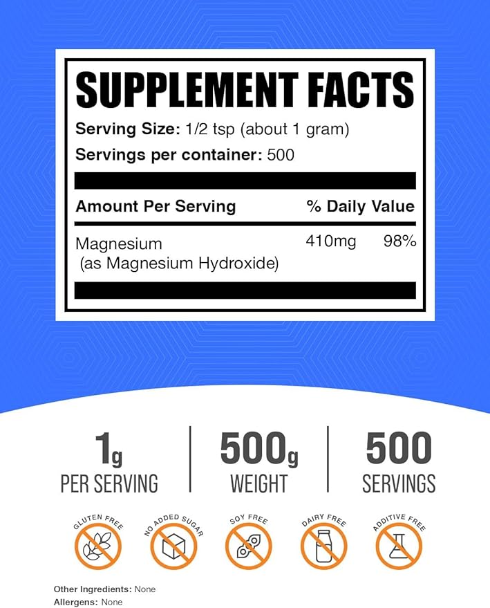 BulkSupplements.com Magnesium Hydroxide Powder - Magnesium Supplement, Food Grade Magnesium Hydroxide, Magnesium Hydroxide Supplement - 1000mg (410mg of Magnesium) per Serving, 500g (1.1 lbs)