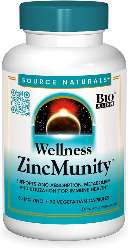 Source Naturals Wellness ZincMunity, Supports Zinc Absorption, Metabolism and Utilization for Immune Health*, 50 mg Zinc - 30 Vegetarian Capsules