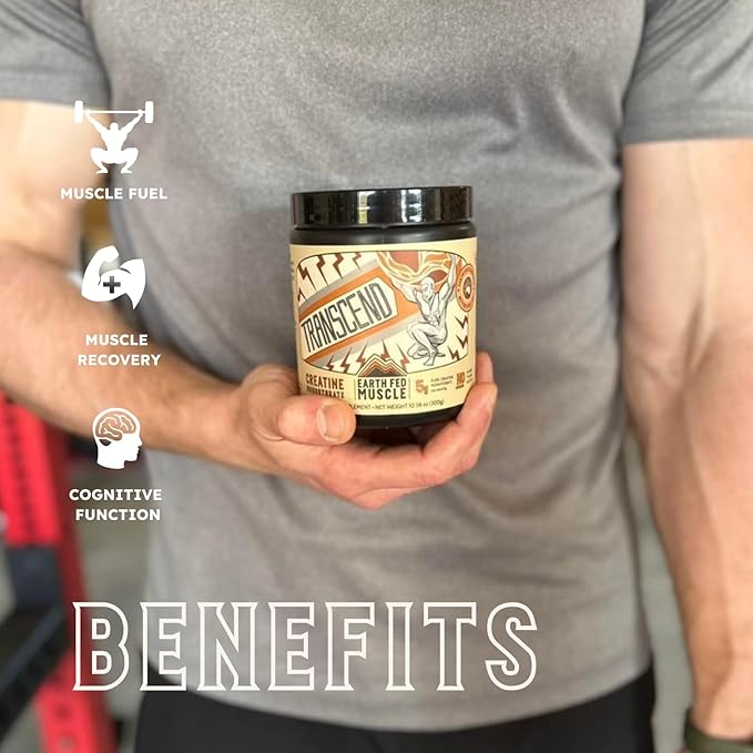 Earth Fed Muscle Transcend Creatine Monohydrate - 100% German Creapure, Muscle Recovery, Muscle Building, Cellular Energy Production - Gluten Free, Soy Free - Unflavored 5g per Serving, 60 Servings
