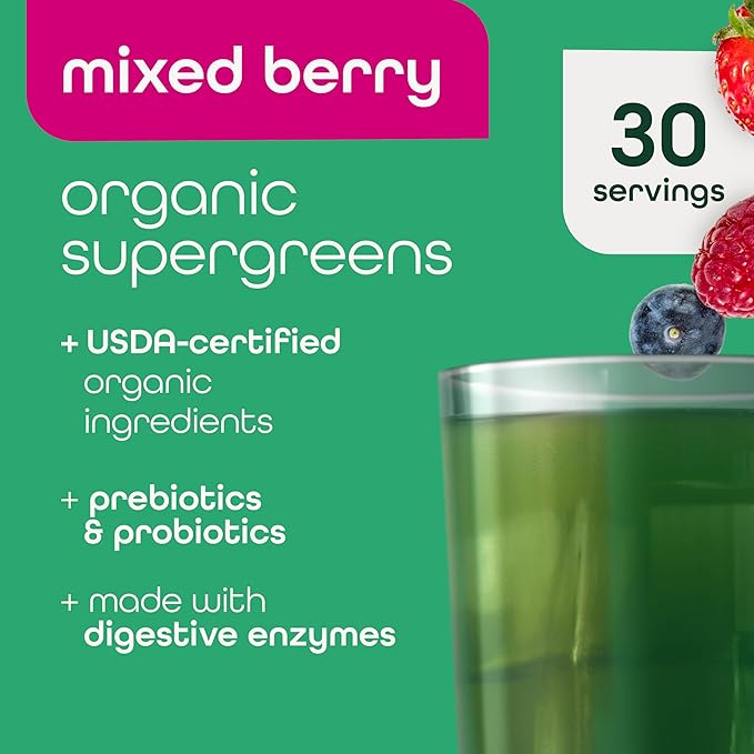 Organic Super Greens Powder, 70+ Superfoods, 0 Sugar, 3G Fiber, Spirulina, Chlorella, Antioxidants, Prebiotics/Probiotics, Digestive Enzymes, Mixed Berry, 30 Servings
