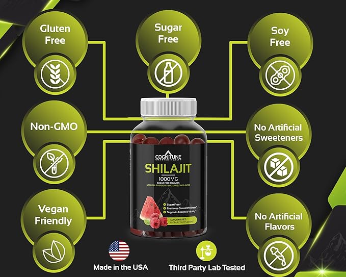 Shilajit Gummies - Pure & Potent Shilajit Supplement, 1,000mg per Serving, Sugar-Free Natural Raspberry Watermelon Flavor, Rich in Minerals, Fulvic Acid, Boost Energy, Vitality & Overall Wellness