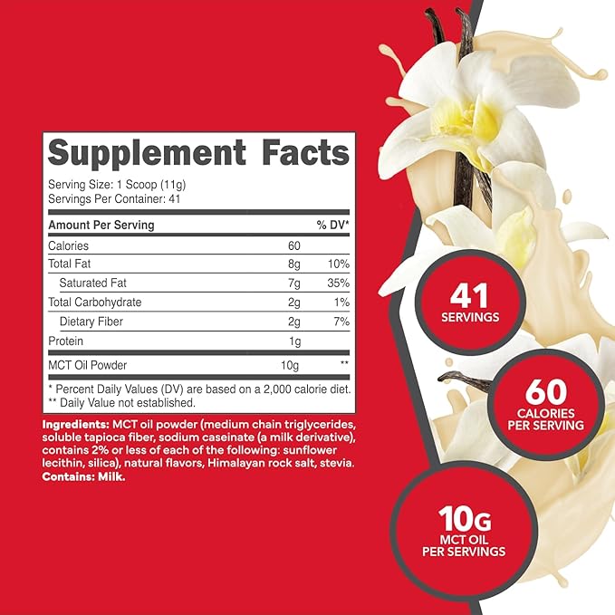 Ketologic MCT Oil Powder (1 LB) (French Vanilla) - 41 Servings, Medium Chain Triglycerides Powder Supplement