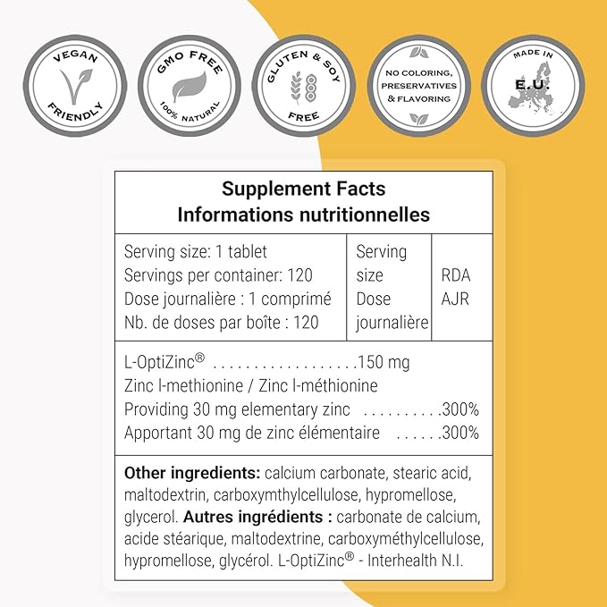 SuperSmart - L-OptiZinc 30mg per Day (Patented & Highly Bioavailable) - Zinc Methionine Supplement - Natural Sweet Taste | Non-GMO & Gluten Free - 120 Tablets
