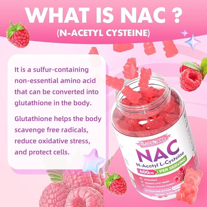 2 Pack NAC Gummies, N Acetyl Cysteine 600mg NAC Supplement for Antioxidants & Immune Support, Lung & Liver Health, Sugar-Free, Raspberry Flavor, 120 Count